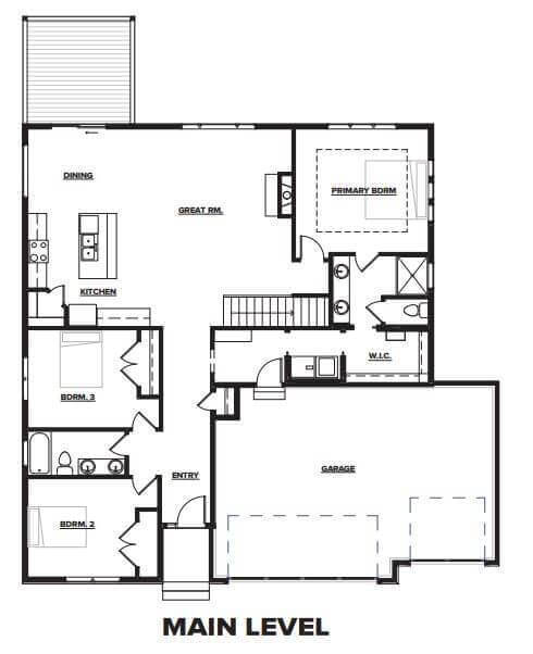 Main level floor plan with 3 bedrooms, 2 bathrooms, kitchen, great room, dining area, and garage.