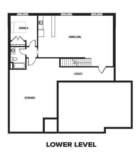Black and white lower level floor plan with bedroom, bathroom, family room, utility, and storage areas.