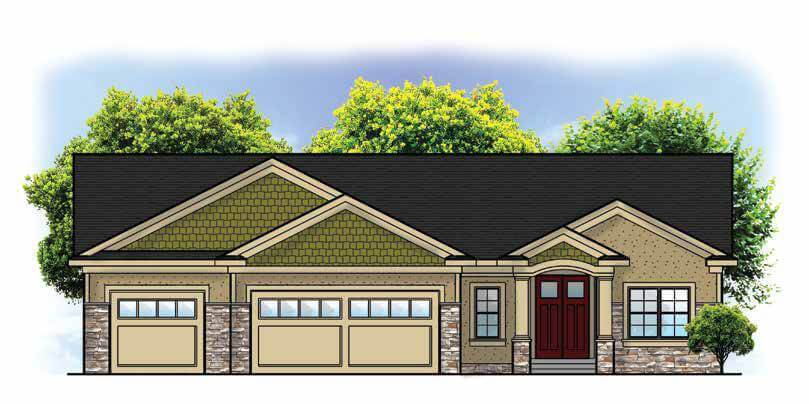 Single-story house with three-car garage, stone accents, gable roof, and red front door, trees in background.