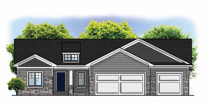 Single-story house with stone and siding exterior, double garage, gabled roof, and trees in the background.