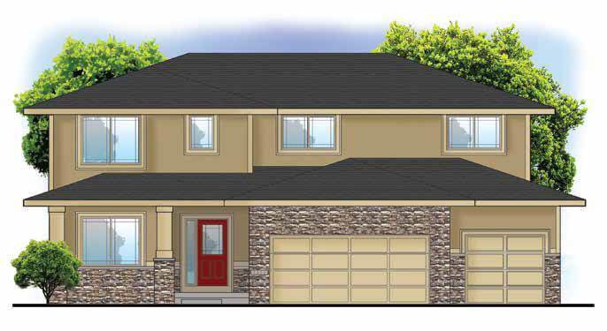 Two-story house with beige walls, stone accents, a red front door, and a three-car garage. Trees in background.