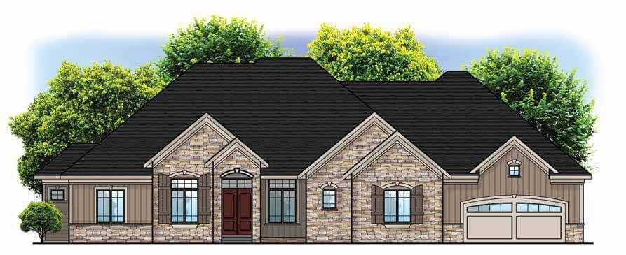 Single-story house with stone and siding exterior, gabled roof, double garage, and large windows.