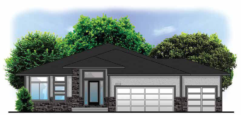 Modern single-story house with dark roof, large windows, a two-car garage, and trees in the background.
