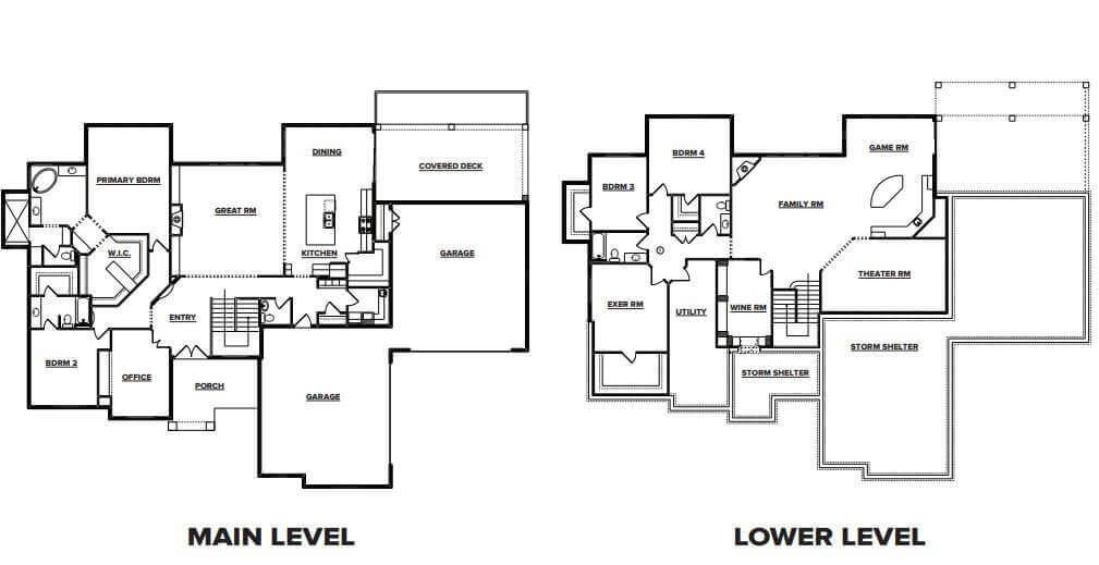 Floor plans showing two levels of a house. The main level includes rooms like the primary bedroom, office, great room, dining, kitchen, and garage. The lower level features bedrooms, a family room, theater room, and storm shelter.