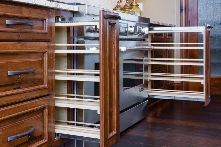 Pull-out cabinet drawers with built-in organizers