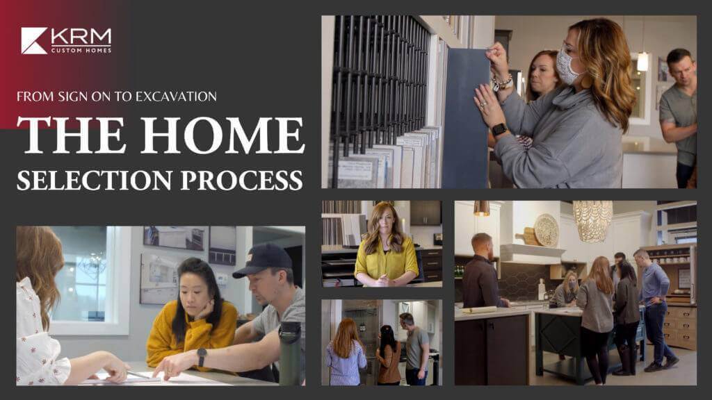Collage of six images showing various aspects of the home selection process. Top left: KRM Custom Homes logo. Main image: Two women examining wall tiles. Other images: People discussing plans, selecting materials, and collaborating in a home interior setting. Text reads "From Sign On to Excavation: The Home Selection Process.