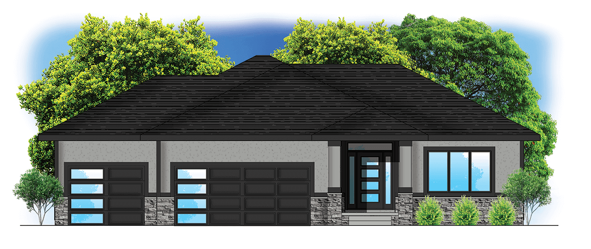 Modern single-story house with dark roof, large windows, and double garage, surrounded by trees and shrubs.