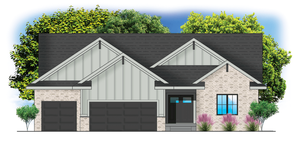 Modern single-story house with gray siding, brick accents, three-car garage, trees, and shrubs in front.