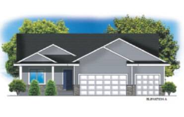 Illustration of a modern single-story house with a three-car garage, gray siding, and front shrubs.