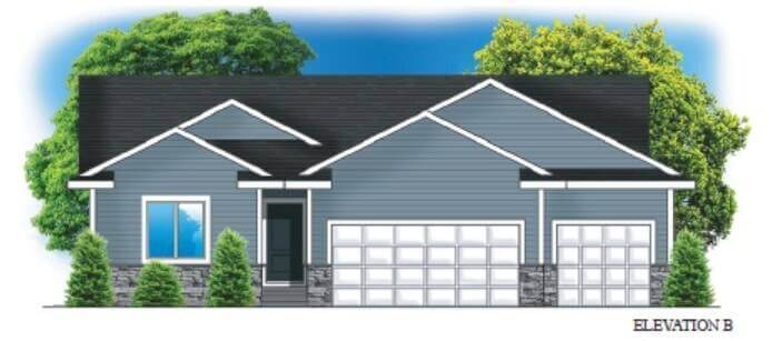 Blue gray suburban house with two garages, white trim, and trees in the background; labeled Elevation B.