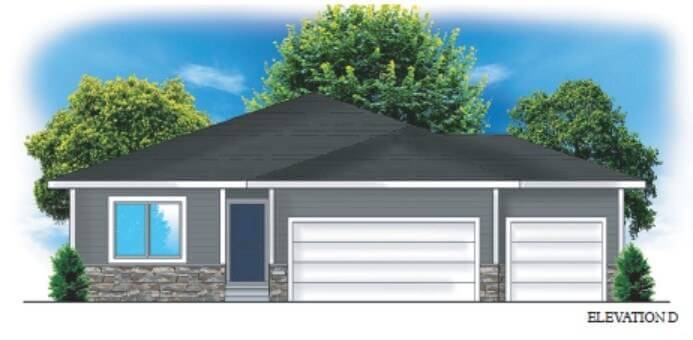Single-story gray house with stone accents, two garages, and trees in the background under a blue sky.