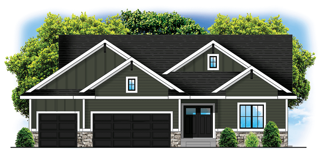 Illustration of a modern dark gray house with three garage doors, white trim, and shrubs in front.