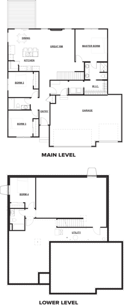 Black and white floor plan with main and lower levels, showing rooms, garage, and stairs.