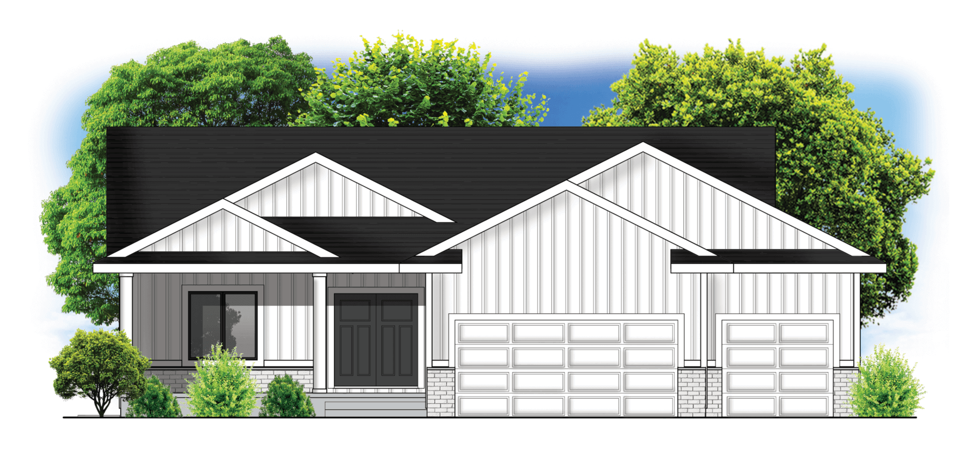 Illustration of a modern single-story house with three garages, white siding, and black roof, surrounded by trees.