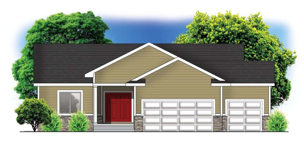 Illustration of a tan house with a red front door, three-car garage, and trees in the background.