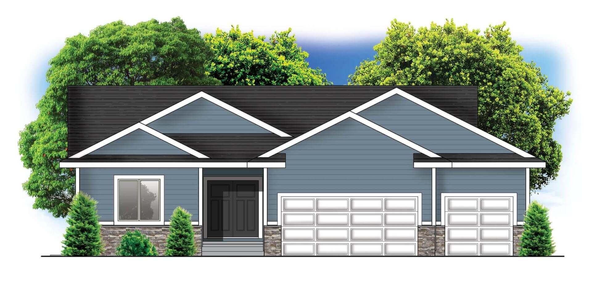 Illustration of a blue single-story house with a three-car garage, black roof, and trees in the background.