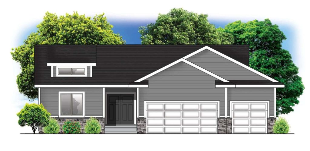Illustration of a modern gray house with a three-car garage, black roof, and greenery in the background.