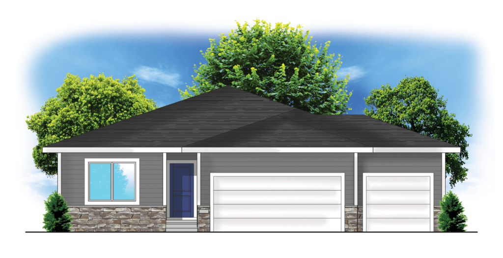 Illustration of a modern single-story house with a gray exterior, blue door, and three-car garage.