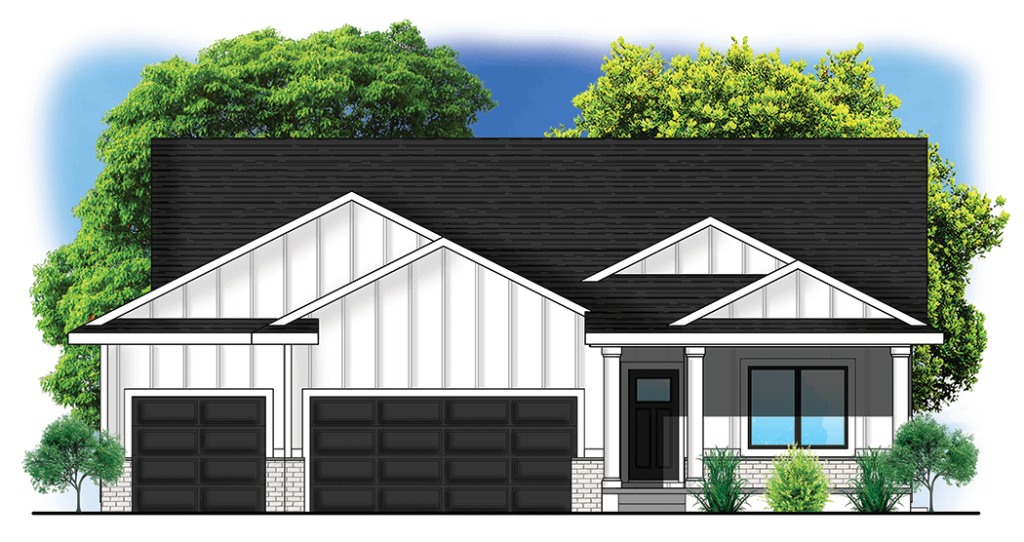 Modern single-story house with black roof, white siding, double garage, and trees in the background.