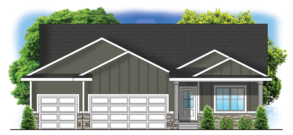Illustration of a modern single-story house with a three-car garage, front porch, and trees in the background.