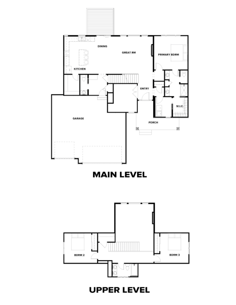 Black and white floor plan showing main level and upper level layouts of a house with labeled rooms.