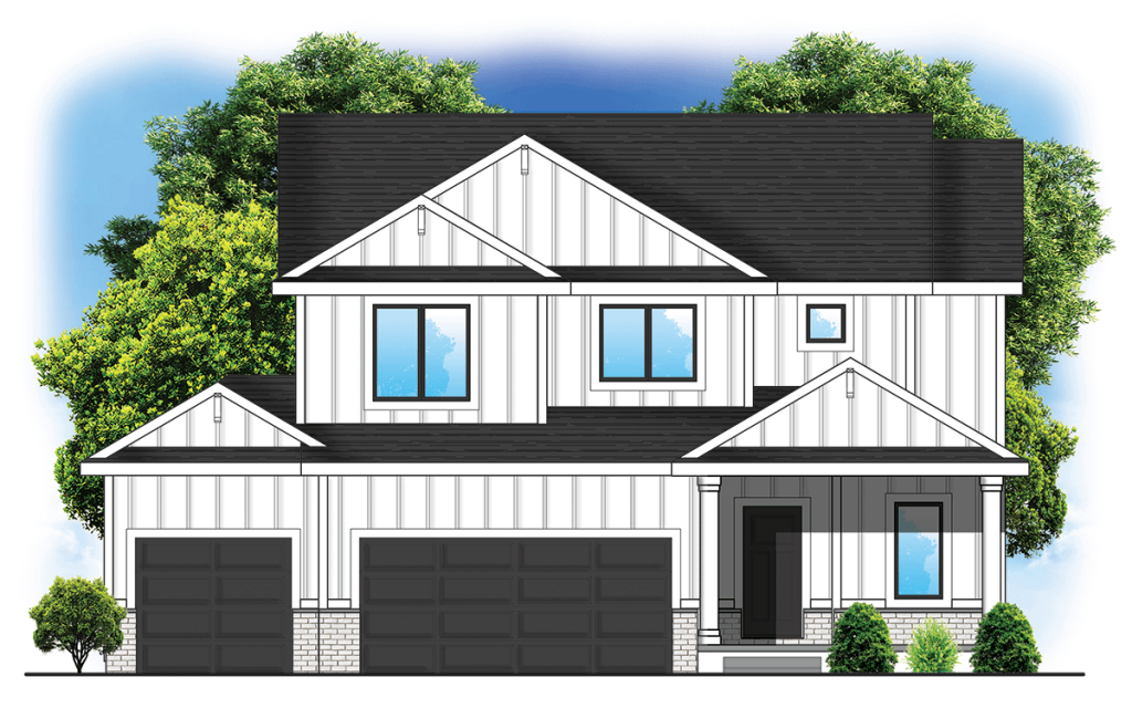 A two-story modern farmhouse with white siding, black roof, and a three-car garage, framed by green trees.