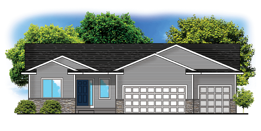 A digitally rendered image of a single-story gray house with a dark gray roof and a stone accent on the lower part of the exterior. The house features large windows, a central front door in dark blue, and a double garage on the right. Trees are in the background.
