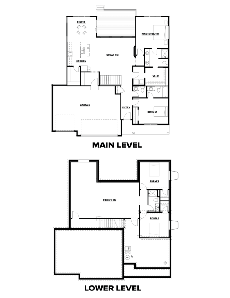 Black and white floor plans showing main and lower levels of a house with labeled rooms and areas.