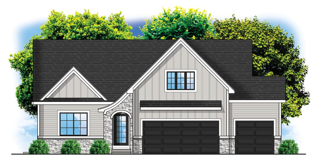 Illustration of a modern two-story house with a dark gray gabled roof and light gray horizontal siding. The home features a prominent arched entryway, multiple windows, and a double garage. Lush green trees are visible in the background.