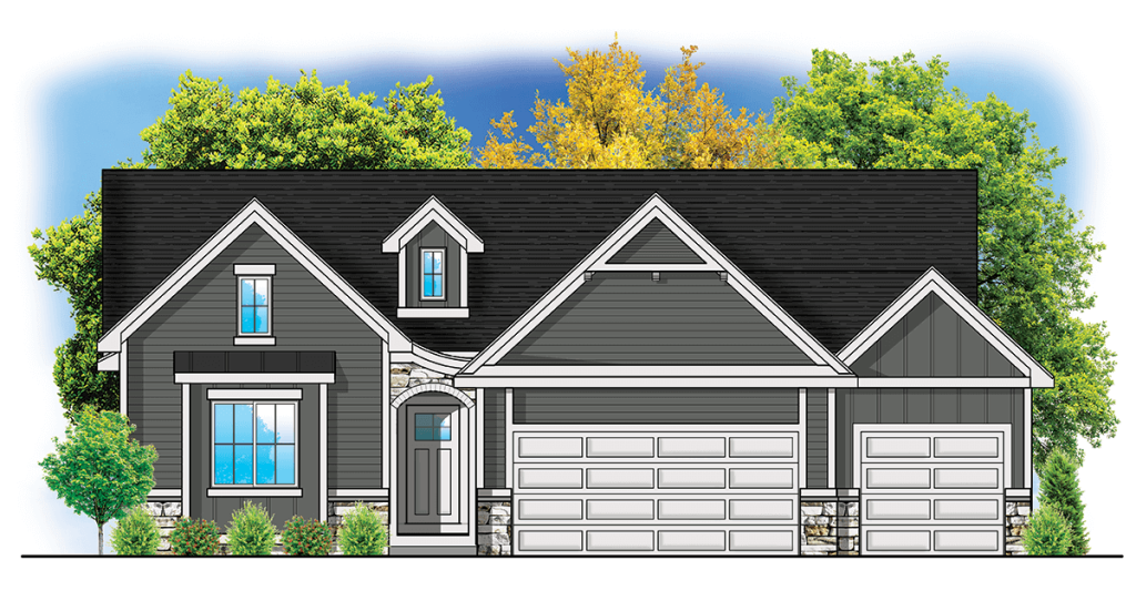 Illustration of a modern, single-story house with a dark gray exterior, white trim, and a steep black roof. The house features a double garage on the right, a centered front door with an overhead arch, and large windows. Trees surround the house.