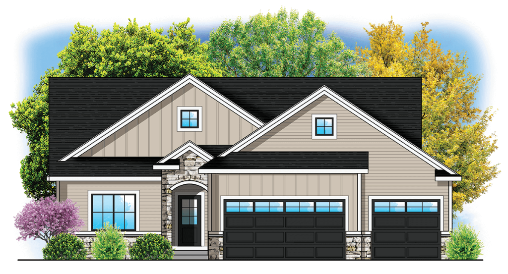 An illustration of a single-story house featuring a gabled roof, stone and wood-paneled facade, and a prominent front entrance with an archway. The home includes two garage doors and is surrounded by various trees and shrubs.