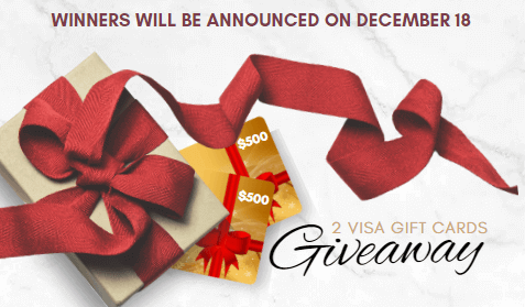 A beige gift box tied with a red ribbon is displayed alongside two $500 VISA gift cards. The text above reads, "WINNERS WILL BE ANNOUNCED ON DECEMBER 18." Below the gift cards, the text says, "2 VISA GIFT CARDS Giveaway.