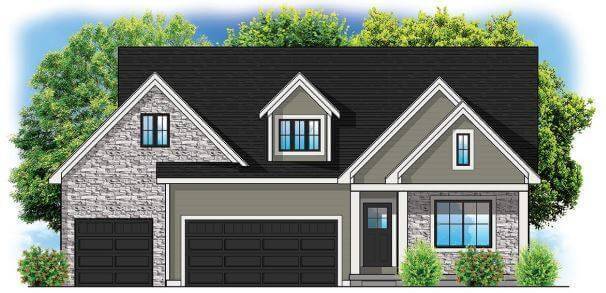 Modern two-story house with stone and siding exterior, double garage, and surrounding trees.