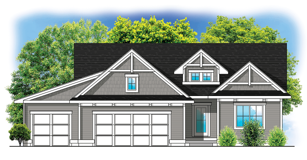 Front view of a modern gray house with gabled roof, three-car garage, and green trees in the background.