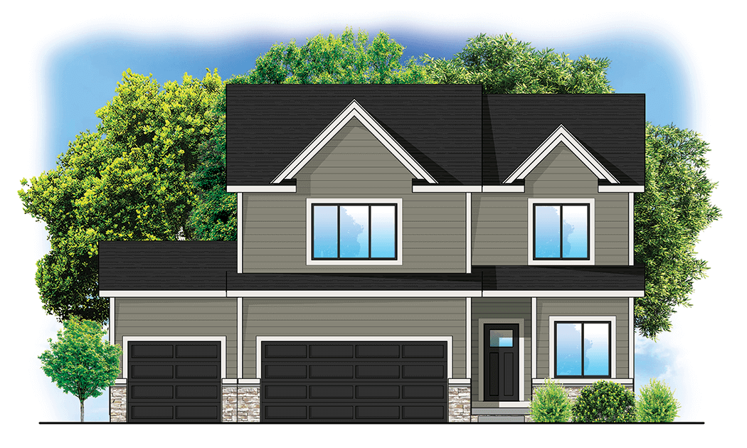 Two-story modern house with gray siding, black roof, three-car garage, and trees in the background.