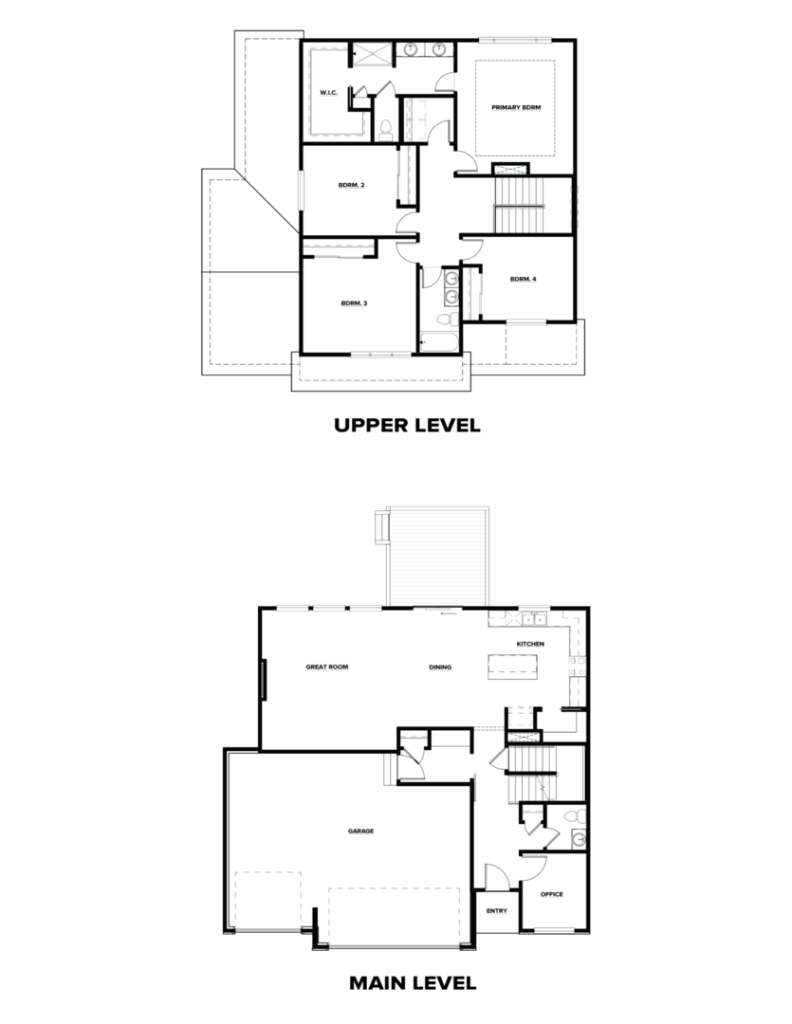 A black and white blueprint of a two-story house. The upper level includes 4 bedrooms, a family room, 2 bathrooms, and a walk-in closet. The main level features a garage, office, bathroom, great room, dining area, kitchen, and patio at the back.