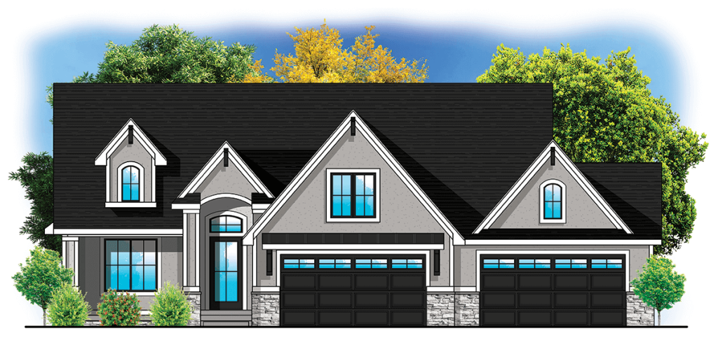 Illustration of a modern suburban house with three garage doors, gabled roof, and large windows, surrounded by trees.