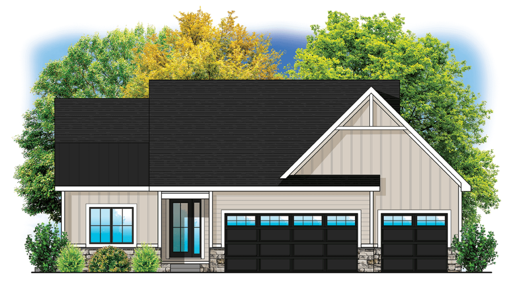 A color illustration of a modern single-story house with a black roof, white exterior walls, and blue-trimmed windows. The front features a double garage with black doors, a glass-panel front door, and surrounding bushes. Tall trees are in the background.