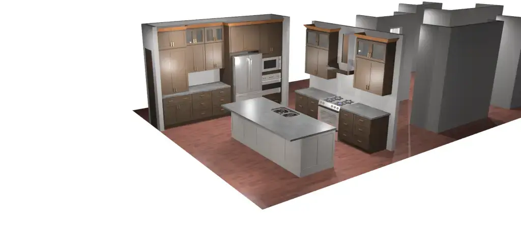 A 3-D rendering of a kitchen design
