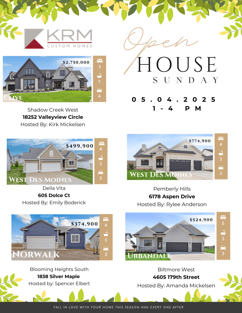 Open House Listing Flyer (25) Open house flyer with images and details for five homes in different neighborhoods, scheduled for May 4th, 2025.